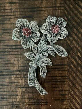 CFJ Large Marcasite & Garnet Floral Brooch By Carol Brodie 925 Sterling Silver